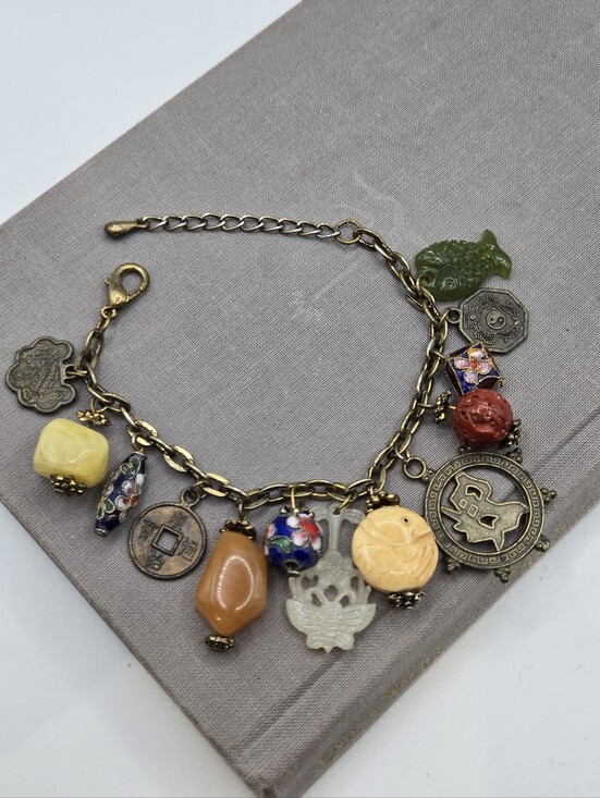 Vintage Jewelry - Vintage Green Brown Fairy Chinese charm bracelet 8" Chinoiserie Fish Cloisonne